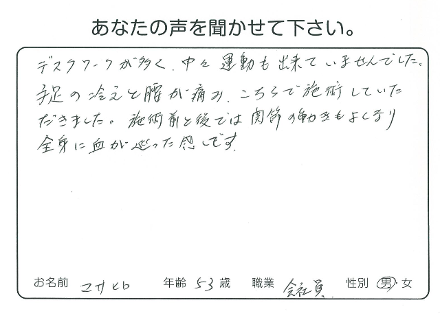 カイロプラクティック整体 をご利用のお客様の声